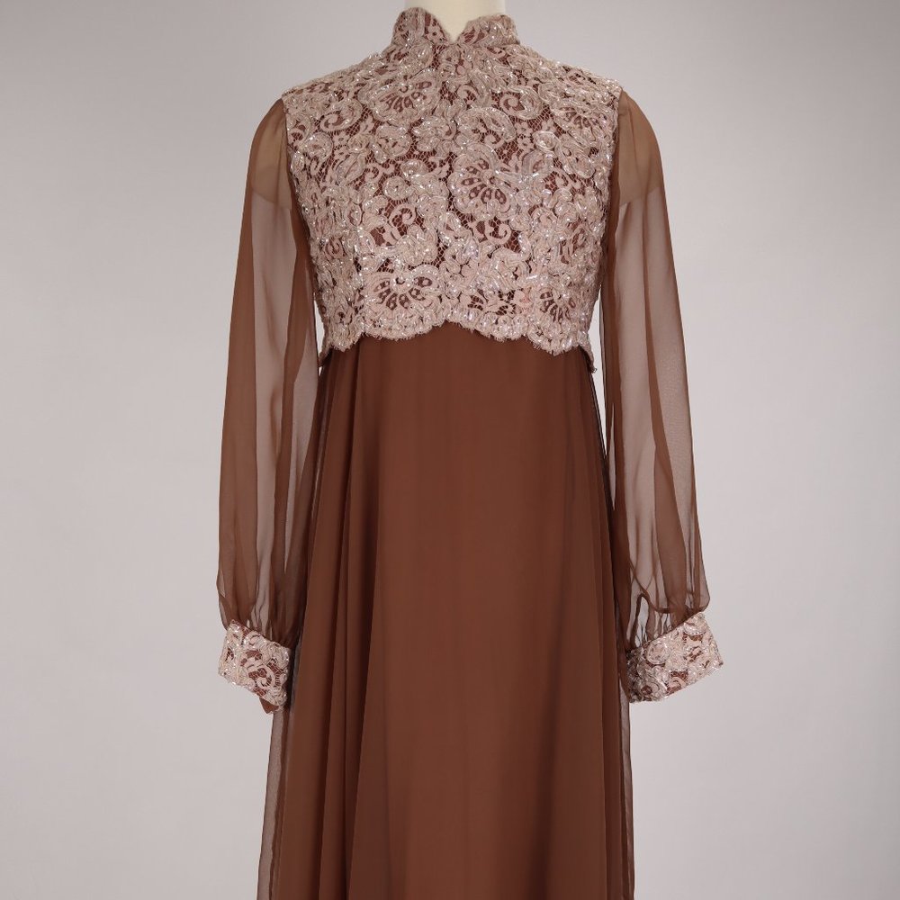 Vtg 80's Chocolate Brown Long Chiffon Maxi Lace Sequin Wedding Party Cocktail
